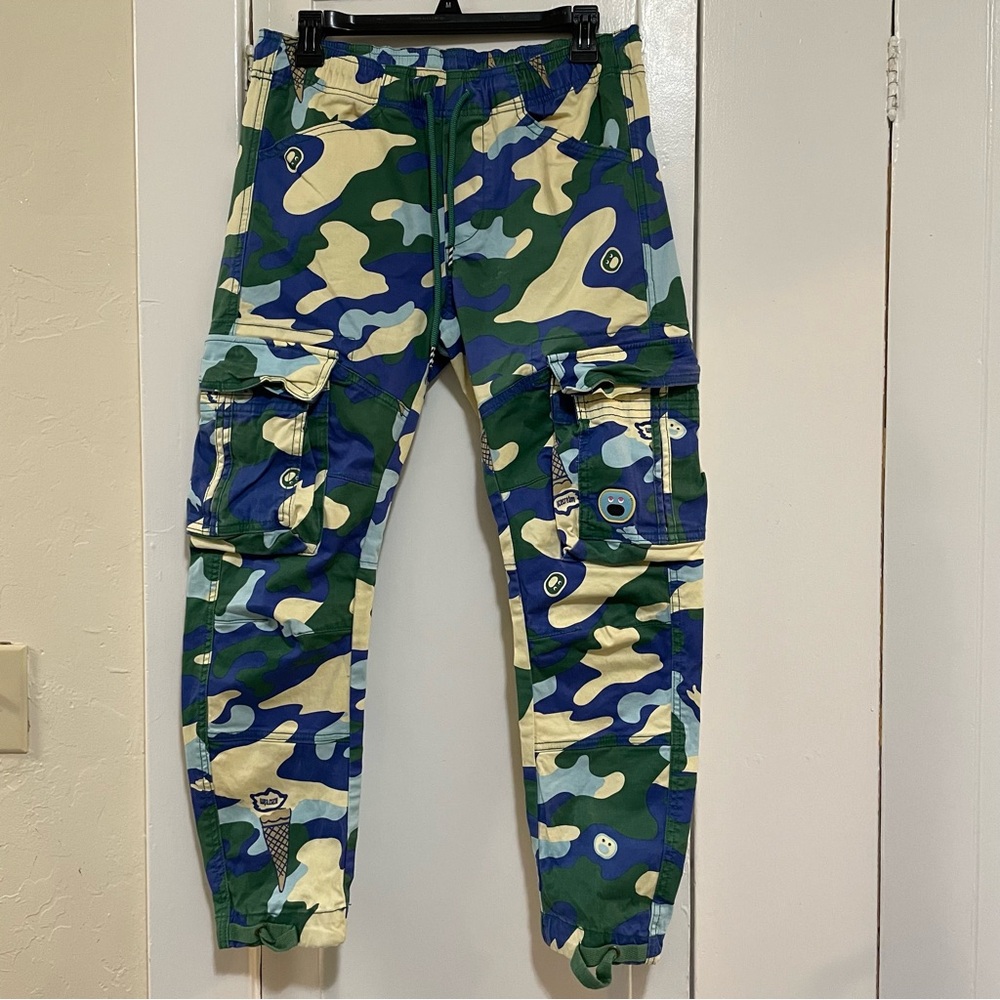 Icecream melt Blue Green Camouflage Cargo Pants size small billionaire boys club